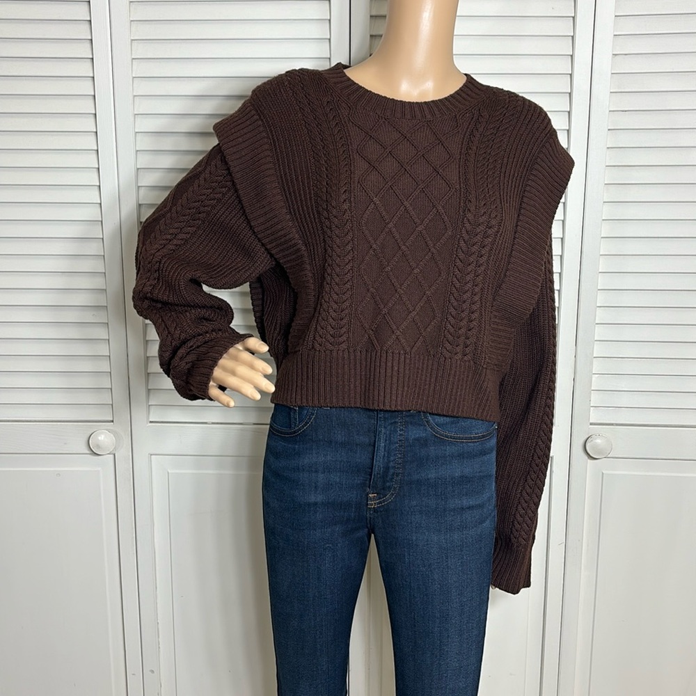 Babaton Dark Brown Cable-Knit Crewneck Sweater